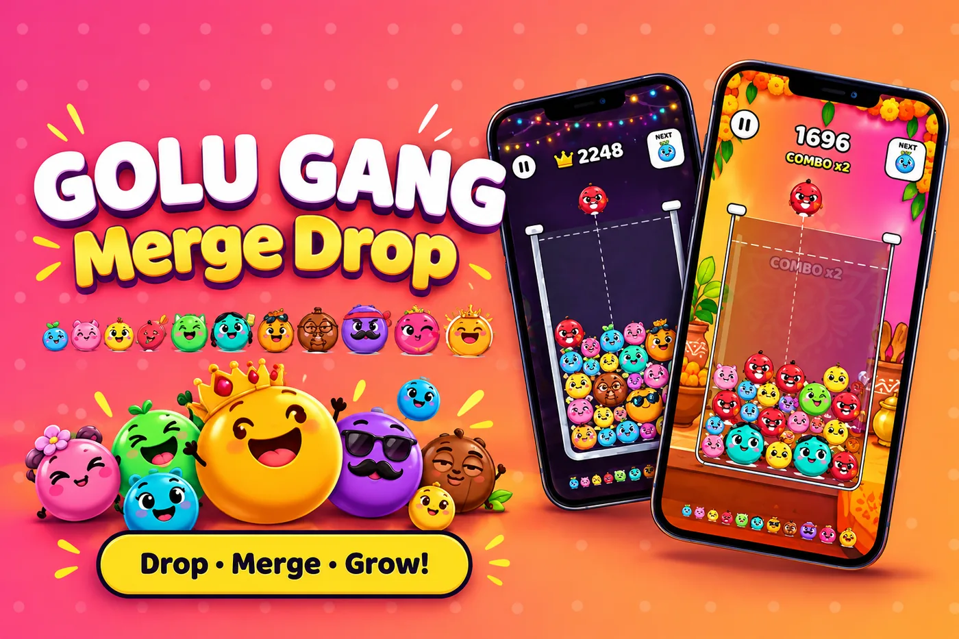 Golu Gang: Merge Drop game banner with the whole gang